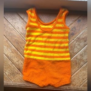 60s-70s vintage kids Teddy cloth yellow orange striped bathing suit